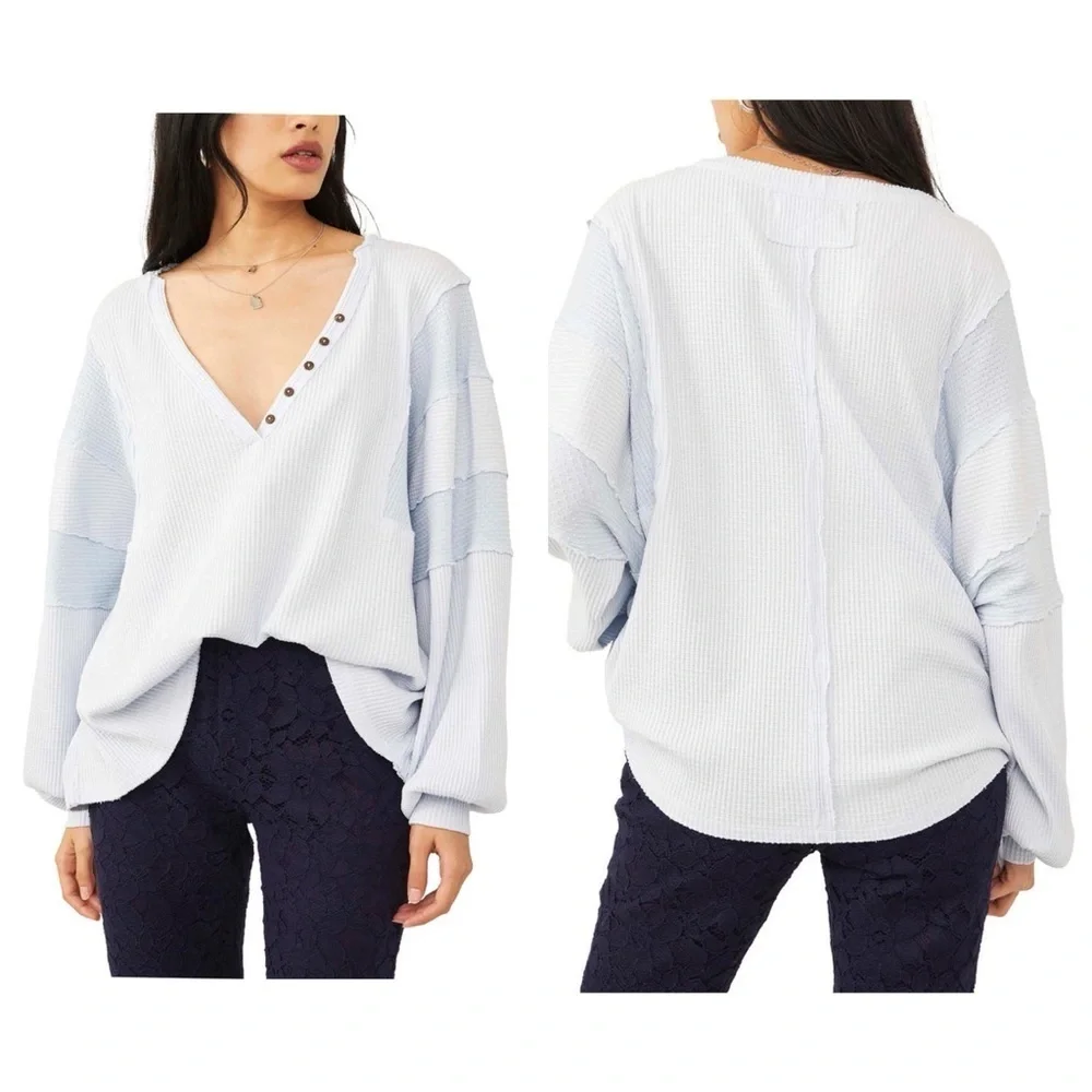 Free People Sweater Women Size Small Baby Blue Callisto Henley Patchwork sweater - Picture 15 of 16
